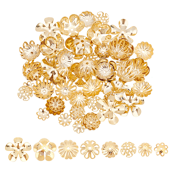 

PandaHall UNICRAFTALE About 80Pcs 8 Style Stainless Steel Fancy Bead Caps Multi-Petal Flower Bead Cap Golden Bead Cap Hole 1~1.5mm for...