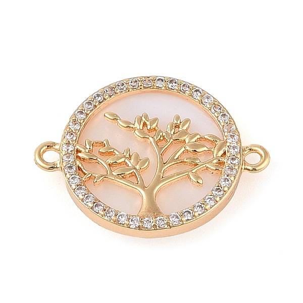 

PandaHall Brass Pave Shell Flat Round Connector Charms, Tree of Life Charms with Clear Cubic Zirconia, Real 18K Gold Plated, 15x20x2.5mm...
