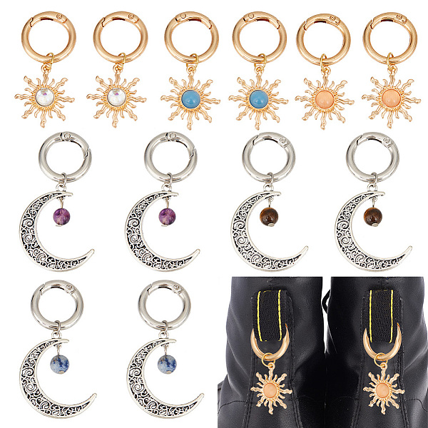 

PandaHall 12Pcs 6 Styles Sun & Moon Alloy Shoe Charms, Tiger Eye & Blue Spot Jasper & Fluorite Shoe Charm, with Alloy Spring Gate Rings...