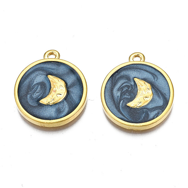 

PandaHall Alloy Pendants, with Enamel, Cadmium Free & Lead Free, Light Gold, Flat Round with Moon, Marine Blue, 23.5x20x3mm, Hole: 1.8mm...