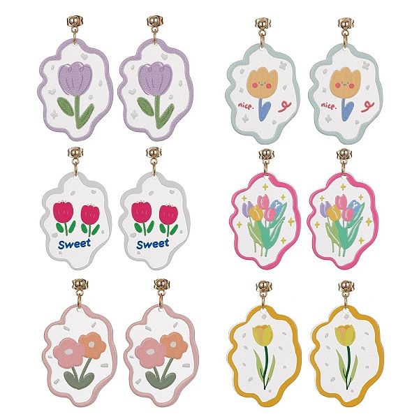

PandaHall 6 Pair 6 Style Acrylic Flower Dangle Stud Earrings, 304 Stainless Steel Earrings for Women, Mixed Color, 48.5x29mm, 1 Pair/color..., Multicolor