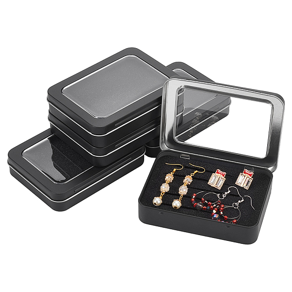 

PandaHall Tinplate Storage Box, with Sponge, Visual Window, Jewelry Box, Rectangle, Black, 8.85x11.8x2.4cm Tinplate Rectangle Black