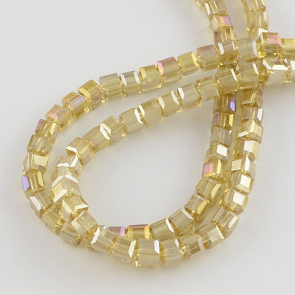 

PandaHall Electroplate Glass Beads Strands, AB Color Plated, Faceted, Cube, Champagne Yellow, 6x6x6mm, Hole: 1mm, about 100pcs/strand, 22...