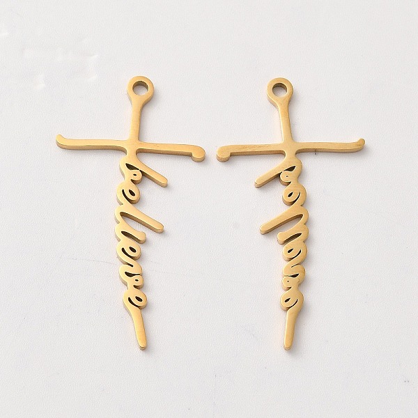 

PandaHall Ion Plating(IP) 304 Stainless Steel Pendants, Cross with Word Believe Charm, Real 18K Gold Plated, 39.5x20.5x1.5mm, Hole: 2mm 304...
