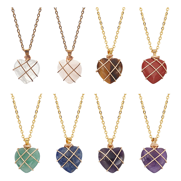 PandaHall ANATTASOUL 8Pcs 8 Style Natural Mixed Gemstone Heart Pendant Necklaces Set, Golden Alloy Jewelry for Women, 19.49~19.65 inch...