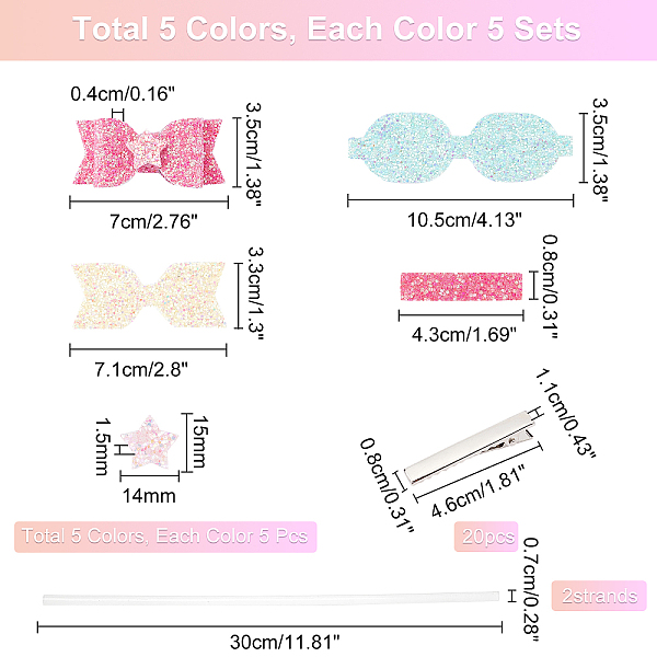 

PandaHall DIY Hair Bow Bowknot Hair Accessories, 20Pc Iron Alligator Hair Clips, 2PCS Glue Stick, 50Pcs Glitter Non Woven Fabric Bowknot..., Multicolor