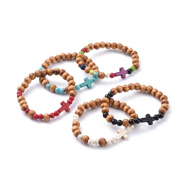 

PandaHall Stretch Bracelets, with Wood Beads and Synthetic Turquoise(Dyed) Beads, Cross, Mixed Color, 2-1/8 inch(5.5cm) Wood Multicolor
