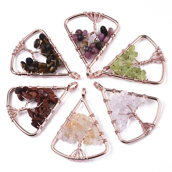 

PandaHall Natural Gemstone Big Pendants, Wire Wrapped Pendants, with Brass Wires, Triangle & Tree, Rose Gold, 40x30.5x5~10mm, Hole: 4.5mm...