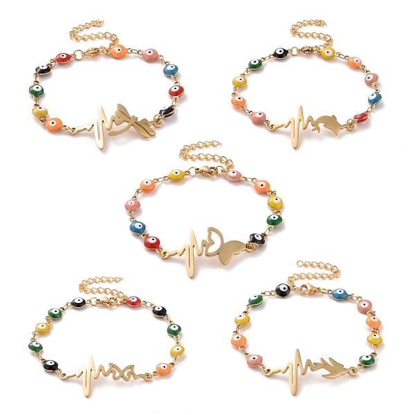 

PandaHall Vacuum Plating 304 Stainless Steel Heart Beat Link Bracelet, Colorful Enamel Evil Eye Chains Bracelet for Women, Golden, 6-7/8...