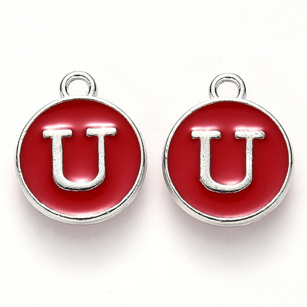 

PandaHall Platinum Plated Alloy Enamel Charms, Cadmium Free & Lead Free, Enamelled Sequins, Flat Round with Letter, Letter.U, 14x12x2mm..., Red