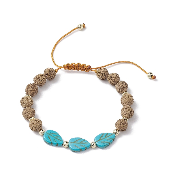 

PandaHall Round Natural Rudraksha and Synthetic Dyed Turquoise Braided Bead Bracelets, Adjustable Leaf Bracelets for Women Men, Inner...