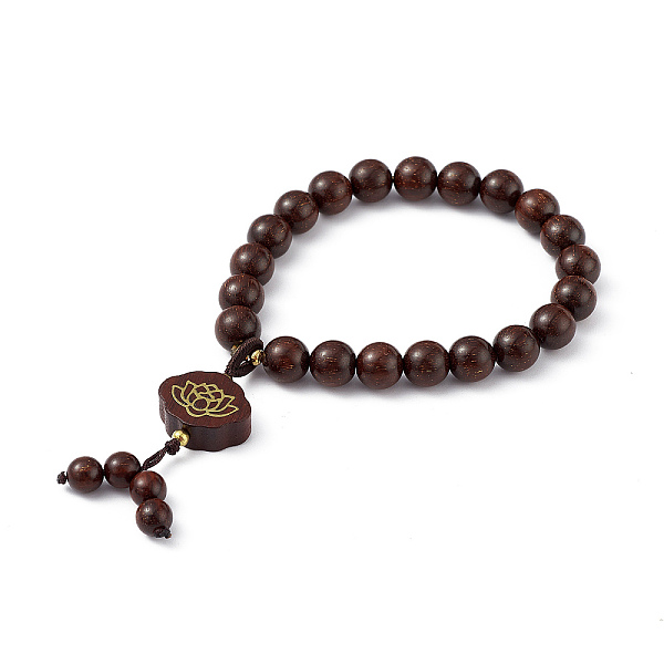 PandaHall Sandalwood Round Beaded Stretch Bracelet, Lotus Charms Chinese Lucky Bracelet for Women, Coffee, Inner Diameter: 2-1/8 inch(5.5cm)...