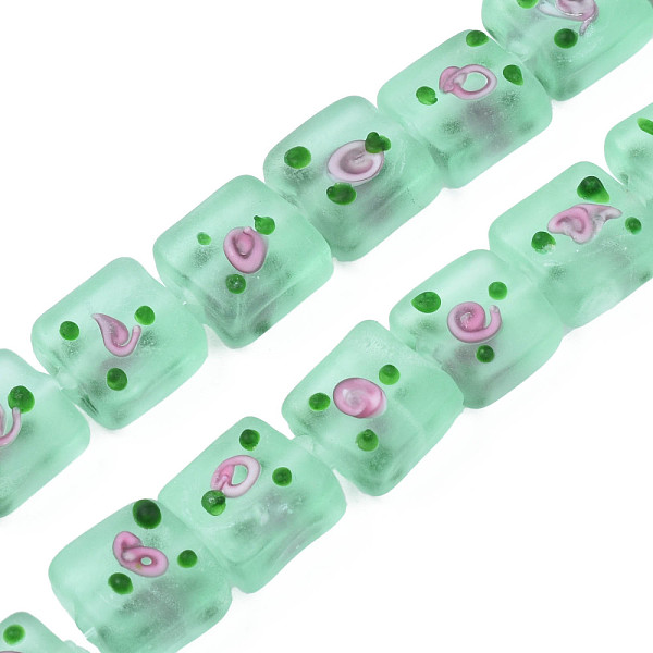 

PandaHall Handmade Frosted Lampwork Beads Strands, Square with Flower, Aquamarine, 13~14.5x12~13x7~9mm, Hole: 1.5mm, about 35pcs/strand..., Green