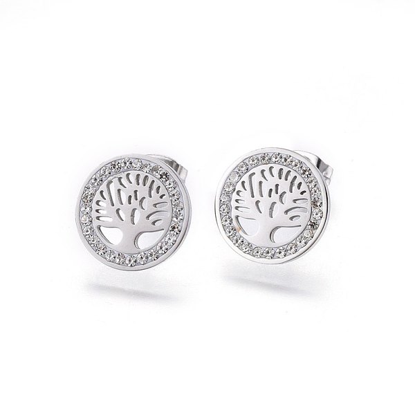 

PandaHall 304 Stainless Steel Stud Earrings, with Polymer Clay Rhinestone, Flat Round with Tree of Life, Stainless Steel Color, 14x2mm, Pin..., Clear