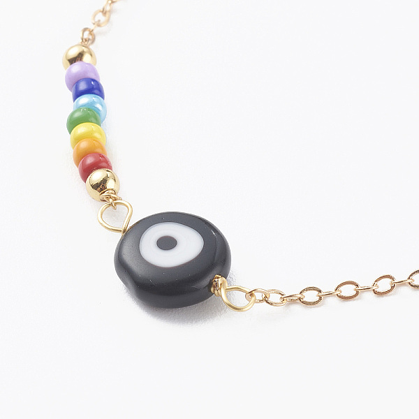 

PandaHall Evil Eye Lampwork Beaded Bracelets, with Round Glass Seed Beads and Brass Cable Chains, Golden, Black, 7-1/4 inch(18.5cm) Glass...