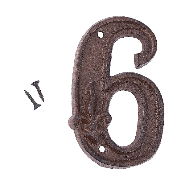 PandaHall Iron Home Address Number, with 2pcs Screw, Num.6, 117x73.5x10.5mm, Hole: 4.5mm Iron Number Brown