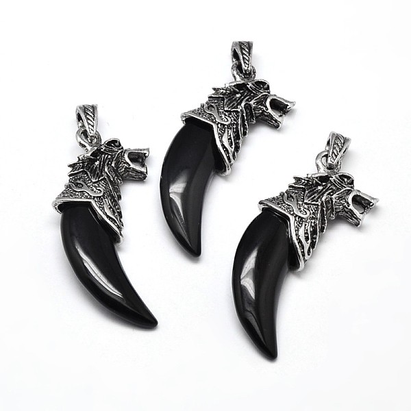 

PandaHall Tusk Shape with Wolf Antique Silver Zinc Alloy Natural Black Agate Big Pendants, Lead Free & Nickel Free, 53~57x23x10mm, Hole...