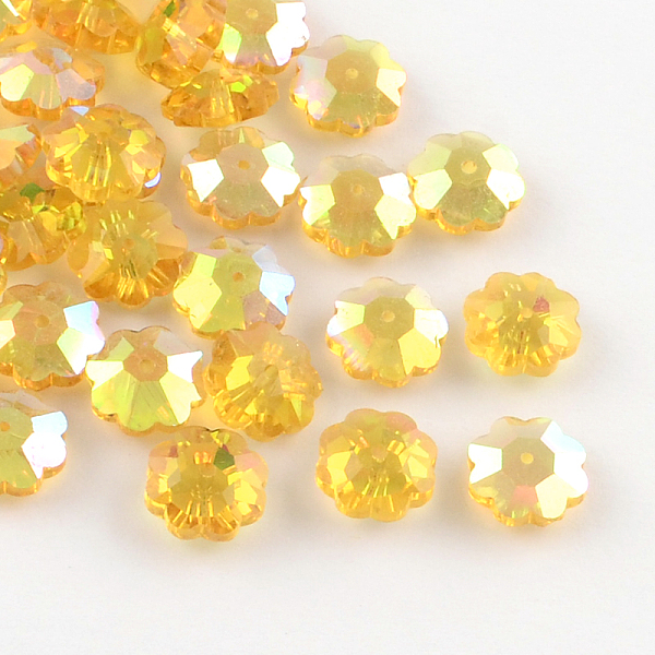 

PandaHall AB-Color Plated Flower Transparent Glass Beads, Marguerite Beads, Faceted, Goldenrod, 9.5~10x4mm, Hole: 1mm Glass Flower Gold