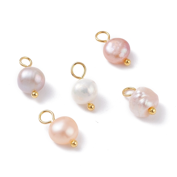 Natural Cultured Freshwater Pearl Charms, with Golden Brass Ball Head pins, Oval, Seashell Color, 10-12x5.5-7x4.5-6mm, Hole: 2.4-2.7mm