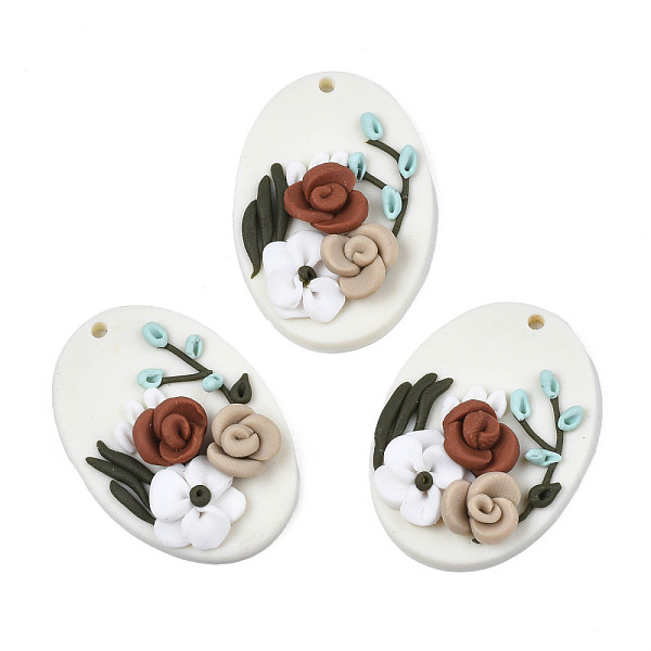 

PandaHall Handmade Polymer Clay Pendants, Oval with Rose Flower, White, 34.5~36x24.5~25.5x6.5~8mm, Hole: 1.8mm Polymer Clay Oval White