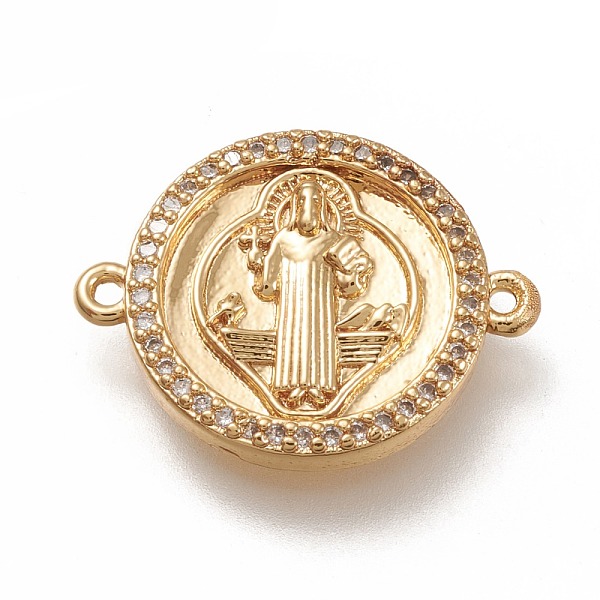 

PandaHall Brass Links Connectors, with Micro Pave Clear Cubic Zirconia, Flat Round with Cssml Ndsmd Cross God Father Religious Christianity...