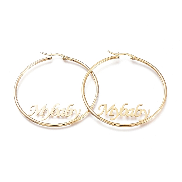 

PandaHall 304 Stainless Steel Hoop Earrings, Ring Shape with Word My Baby, Golden, 12 Gauge, 53x58x2mm, Pin: 1x0.5mm 304 Stainless Steel...