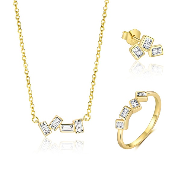 925 Sterling Silver with Clear Cubic Zirconia Pendant Necklace & Stud Earring & Ring