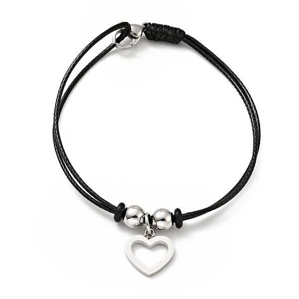 

PandaHall 304 Stainless Steel Heart Charm Bracelet with Waxed Cord for Women, Stainless Steel Color, 7 inch(17.8cm) Waxed Cord Black