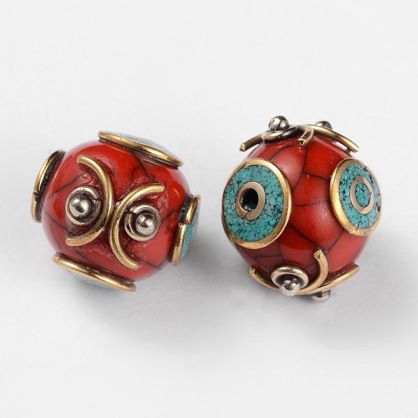 

PandaHall Round Tibetan Style Beads, with Synthetic Turquoise and Antique Golden Brass Findings, Dark Red, 15x16.5mm, Hole: 2mm Brass Round...