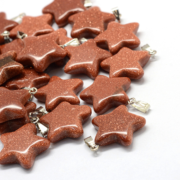 

PandaHall Star Synthetic Goldstone Pendants, with Platinum Tone Brass Findings, 22~23x20~24x5~7mm, Hole: 2x7mm Goldstone Star