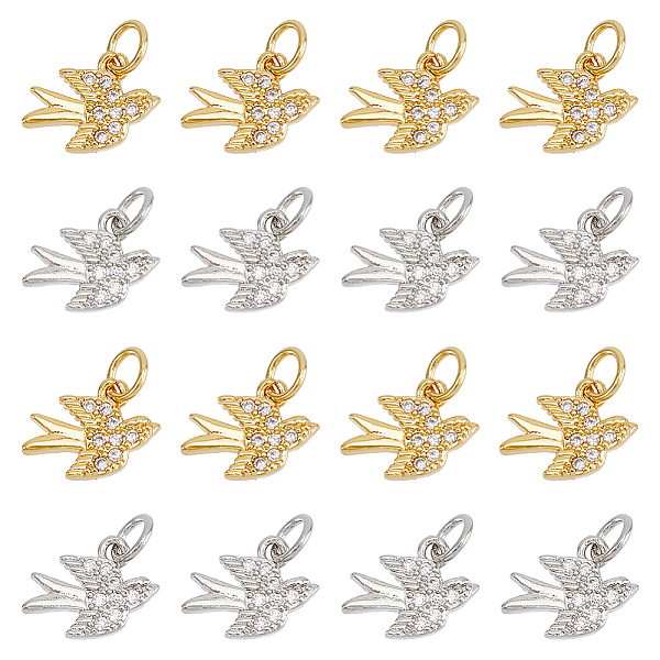 

PandaHall DICOSMETIC 16Pcs 2 Colors Brass Micro Pave Clear Cubic Zirconia Bird Charms, with Jump Ring, Swallow Charm, Platinum & Golden...