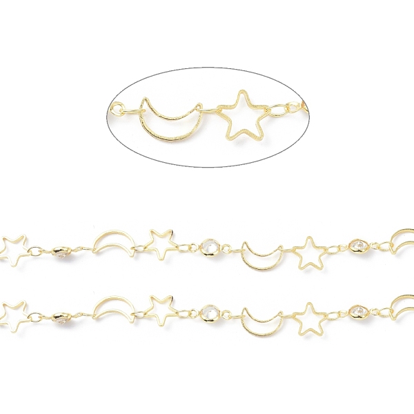 

PandaHall Brass & Cubic Zirconia Handmade Beaded Chains, with Spool, Long-Lasting Plated, Moon & Star, Soldered, Golden, 8~10x5~8x0.5~2mm..., Clear
