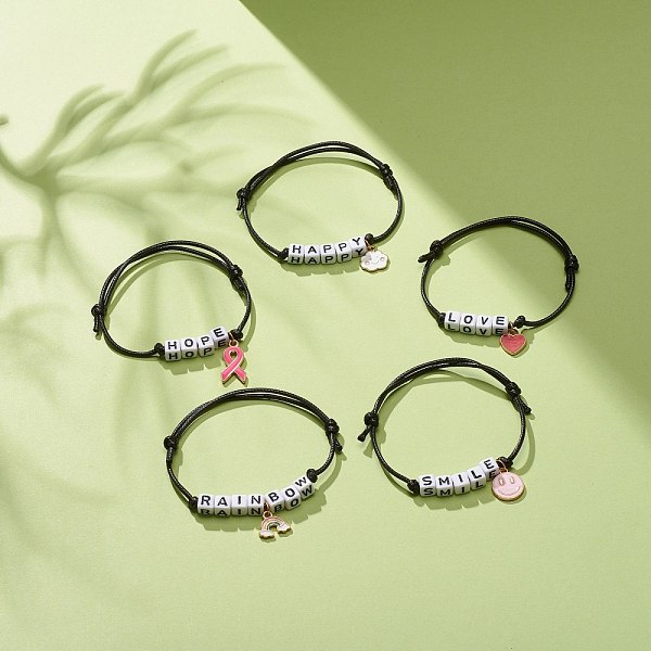 

PandaHall 5Pcs 5 Style Heart & Ribbon & Cloud Alloy Charms Bracelets Set, Acrylic Word Love Beaded Bracelets for Women, Mixed Color, Inner..., Multicolor