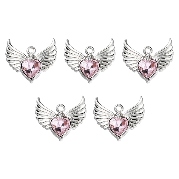 

PandaHall Rack Plating Alloy Glass Pendants, Cadmium Free & Lead Free & Nickle Free, Platinum, Faceted Heart Charm with Wing, Pink...