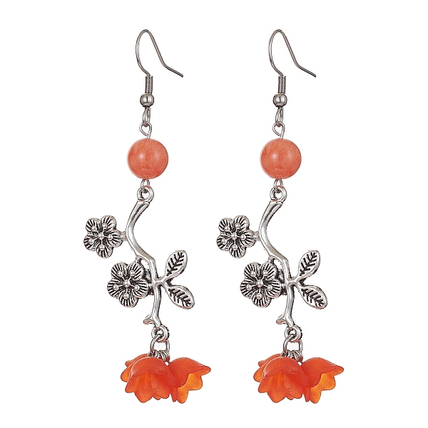

PandaHall Natural Dyed Mashan Jade Flower with Acrylic Beaded Dangle Earrings, 304 Stainless Steel Long Drop Earrings, Coral, 73x22mm Mashan..., Red