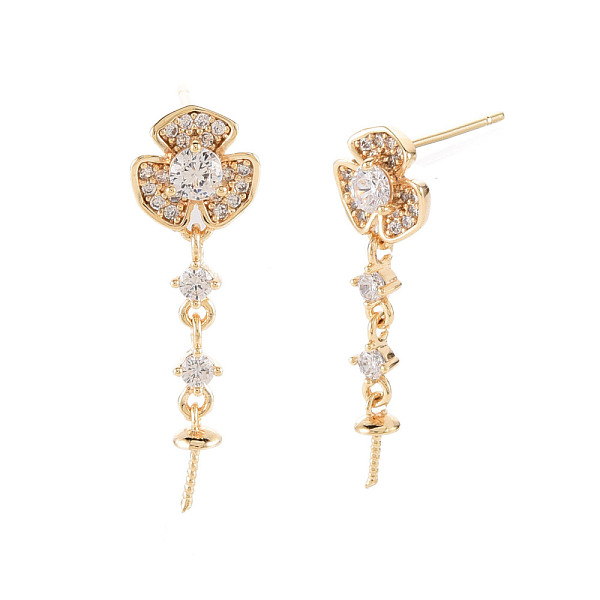 

PandaHall Flower Shape Brass Micro Pave Clear Cubic Zirconia Earring Findings, for Half Drilled Beads, Nickel Free, Real 18K Gold Plated...