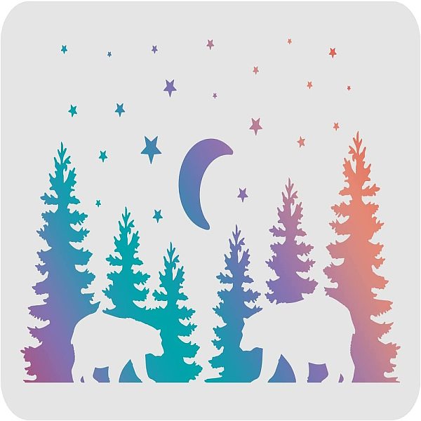 PandaHall FINGERINSPIRE Forest Bear Stencil Template 8.3x11.7inch Plastic Bear Moon Drawing Painting Stencils Rectangle Pine Tree Reusable...