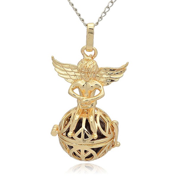 

PandaHall Golden Tone Brass Hollow Round Cage Pendants, with No Hole Spray Painted Brass Round Ball Beads, Round with Angel, DarkSlate Blue...