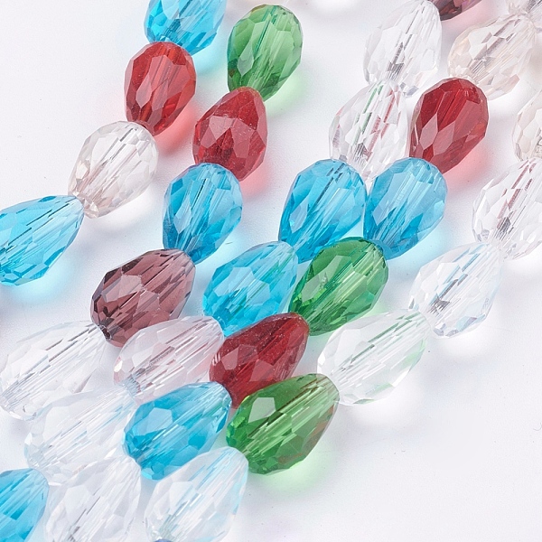 

PandaHall Glass Beads Strands, Faceted, Drop, Colorful, 12x8mm, Hole: 1mm, about 56~58pcs/strand, 25~27 inch Glass Teardrop