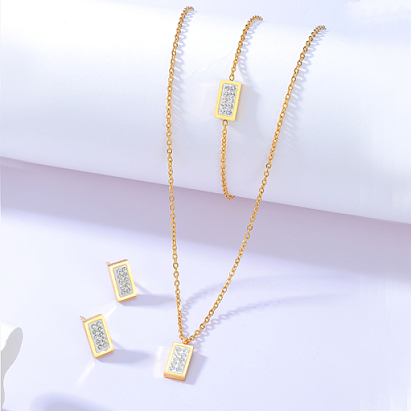 

PandaHall Stainless Steel Jewelry Sets, Pendant Necklaces & Stud Earrings & Bracelets, with Clear Cubic Zirconia, Rectangle, Real 18K Gold...