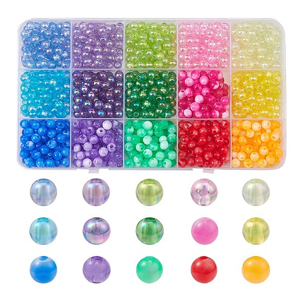 

PandaHall 870Pcs 15 Colors Acrylic Beads, Round, Mixed Color, 6x5~6mm, Hole: 1.5~1.8mm, 58pcs/color Acrylic Round Multicolor