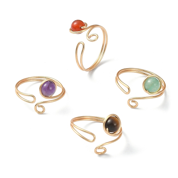 

PandaHall 4Pcs 4 Style Alloy Wire Wrap Open Cuff Rings Set, Natural Mixed Gemstone Round Beads Rings, Golden, US Size 9 3/4(19.5mm)...