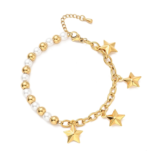 

PandaHall 201 Stainless Steel Star Charm Bracelet, Plastic Pearl Beaded Bracelet with Vacuum Plating 304 Stainless Steel Cable Chains for..., White