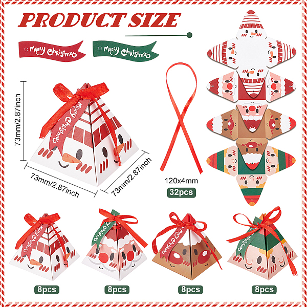 BENECREAT 32Pcs 4 Style Christmas Theme Pyramid Shaped Paper Bakery Boxes