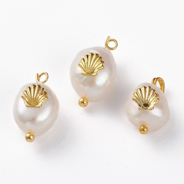 

PandaHall Natural Keshi Pearl Pendants, with Alloy Cabochons and Brass Loops, Nuggets with Shell, Golden, 13~16x8~9x5~8mm, Hole: 2mm Keshi...