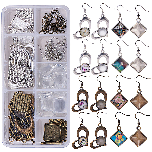 PandaHall SUNNYCLUE 1 Box DIY 12 Pairs Heart Square Cabochon Earrings Making Starter Kits Round Square Dangle Tray Earring Settings, 14mm...