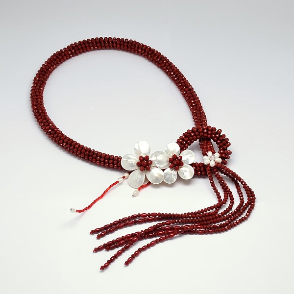 

PandaHall Flower Glass Beaded Lariat Necklaces, with Pearl and Shell, Dark Red, 31.4 inch Glass