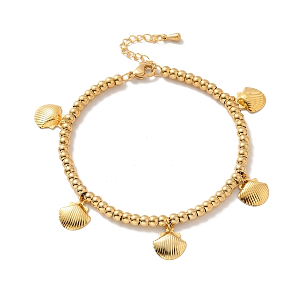 PandaHall Vacuum Plating 304 Stainless Steel Shell Charm Bracelet with 201 Stainless Steel Round Beads for Women, Golden, 8-5/8 inch(22cm)