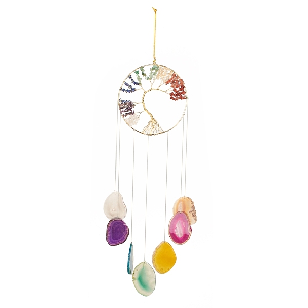 

PandaHall Chakra Flat Round with Tree of Life Wire Wrapped Wind Chimes, with Chips Natural Gemstone Beads and Natural Agate Pendants, 635mm...