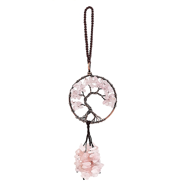 

PandaHall Wire Wrapped Chips Natural Rose Quartz Big Pendant Decorations, with Red Copper Plated Brass Wires and Nylon Cord, Flat Round with...